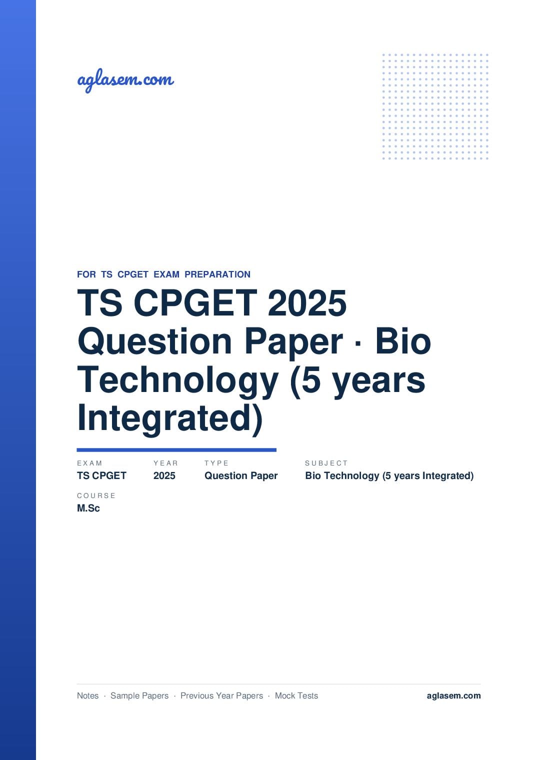 TS CPGET 2025 Question Paper M.Sc Bio Technology (5 years Integrated) - Page 1 of 68