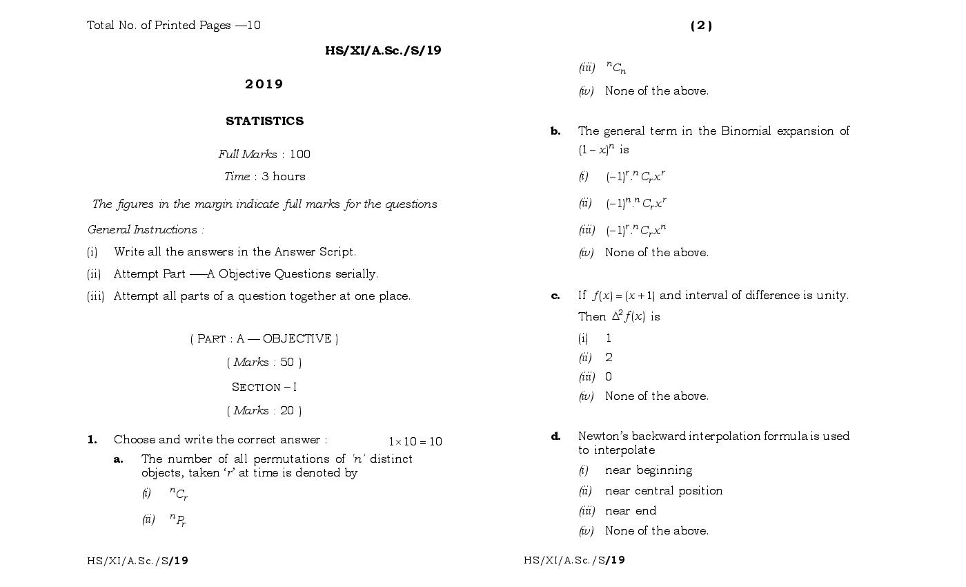 MBOSE Class 11 Question Paper 2019 for Statistics - Page 1