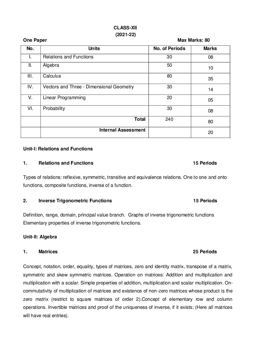 CBSE Class 12 Maths Syllabus 2021-22 - Page 1