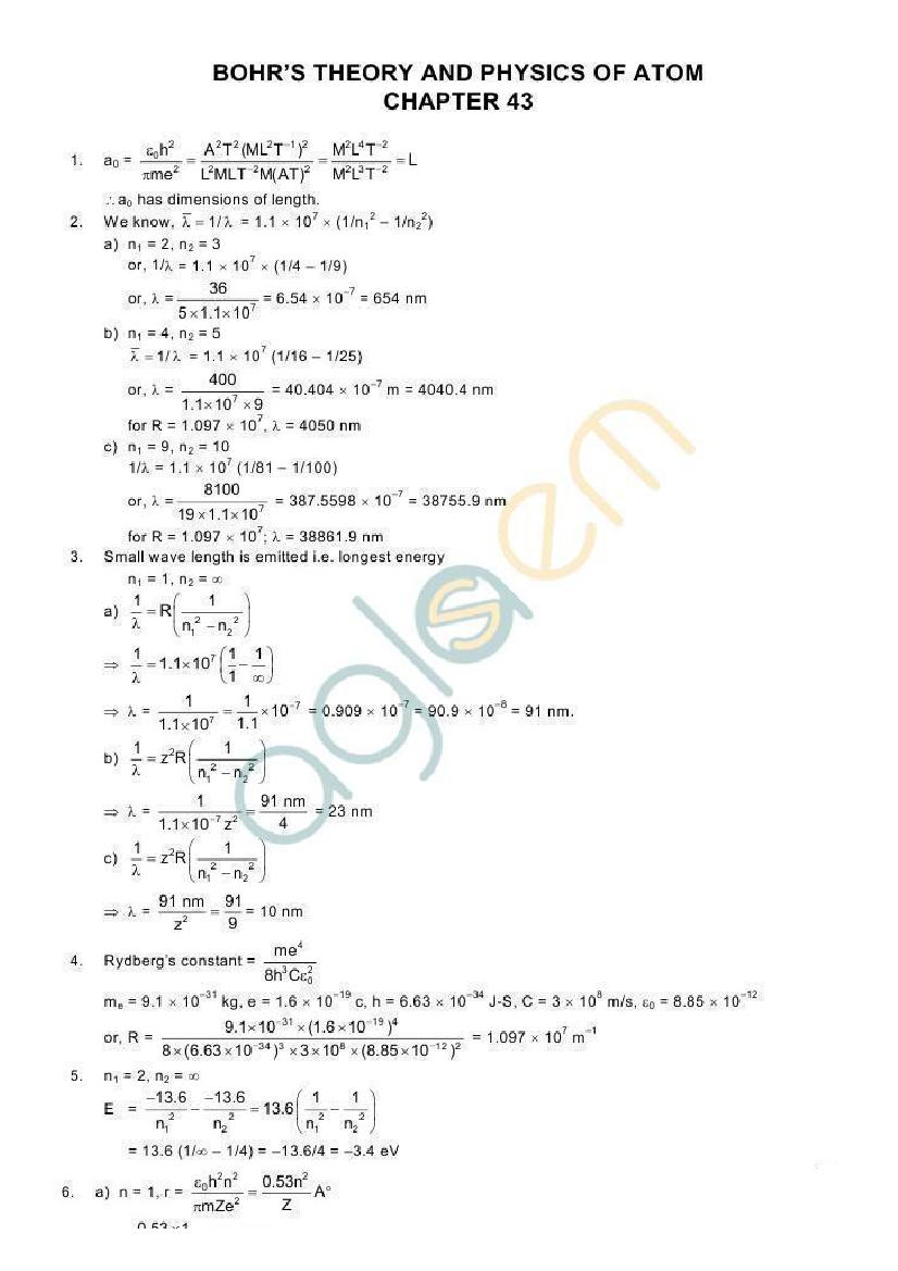 HC Verma Solutions Chapter 43 Bohr’s Model and Physics of The Atom - Page 1