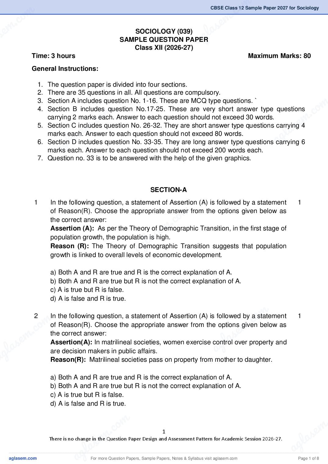 CBSE Class 12 Sample Paper 2027 for Sociology - Page 1 of 8