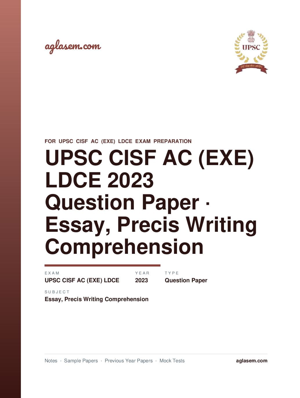 UPSC CISF AC (EXE) LDCE 2023 Question Paper Essay, Precis Writing and Comprehension - Page 1 of 9