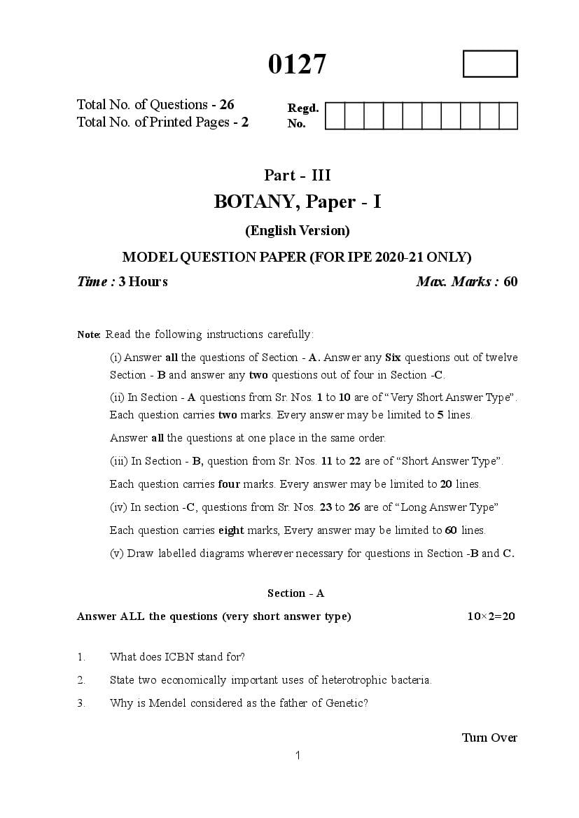 TS Inter 1st Year Model Paper 2021 Botany - Page 1