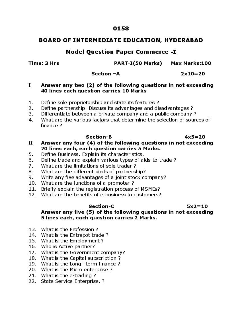 TS Inter 1st Year Model Paper 2021 Commerce - Page 1
