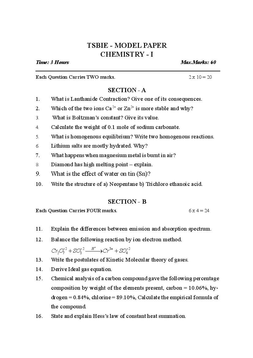 TS Inter 1st Year Model Paper 2021 Chemistry - Page 1