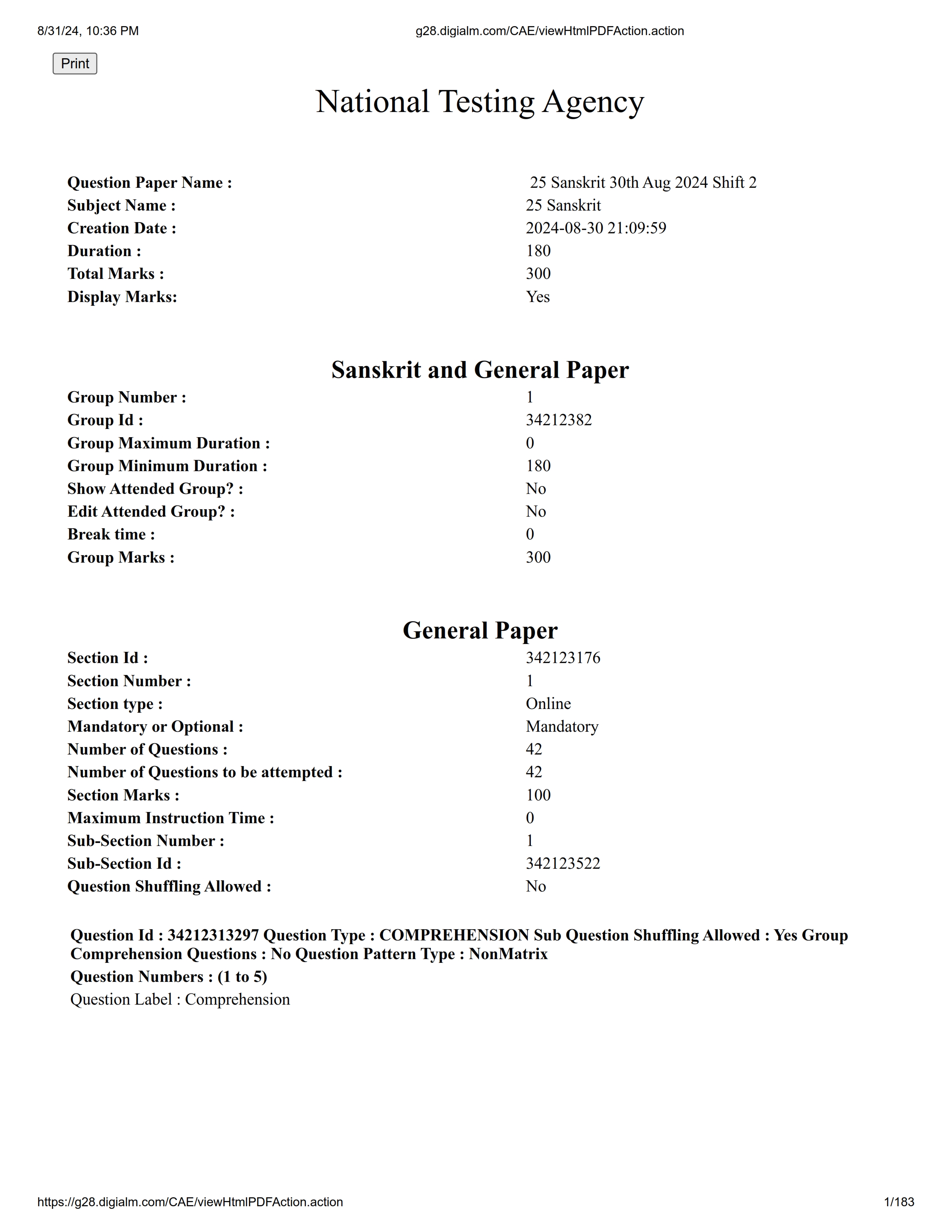 UGC NET 2024 Question Paper Sanskrit - Page 1