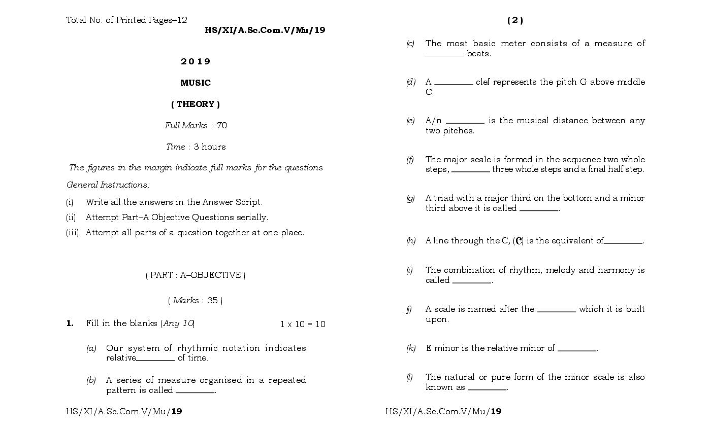 MBOSE Class 11 Question Paper 2019 for Music - Page 1
