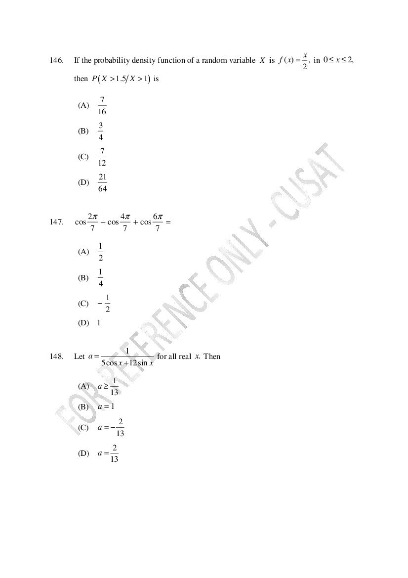 CUSAT CAT 2023 Question Papers PDF (B.Tech Shifts 1 to 5, 35 Papers)