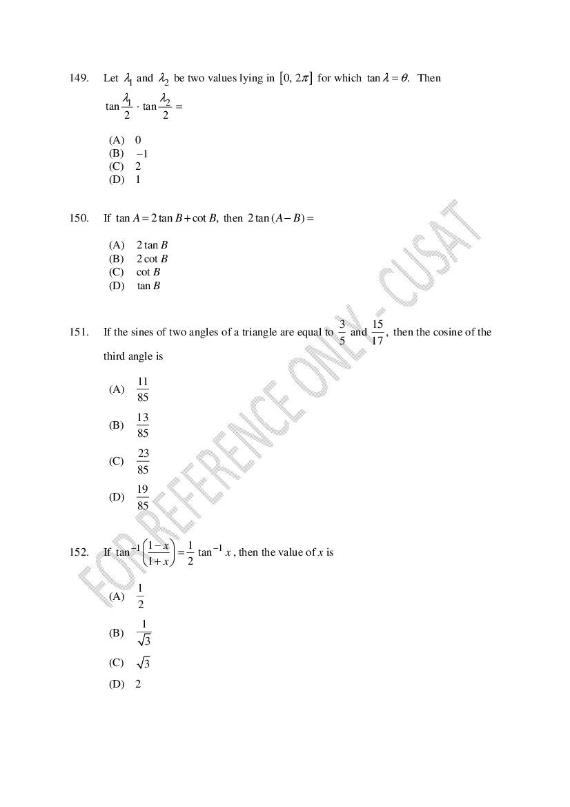 CUSAT CAT 2023 Question Papers PDF (B.Tech Shifts 1 to 5, 35 Papers)