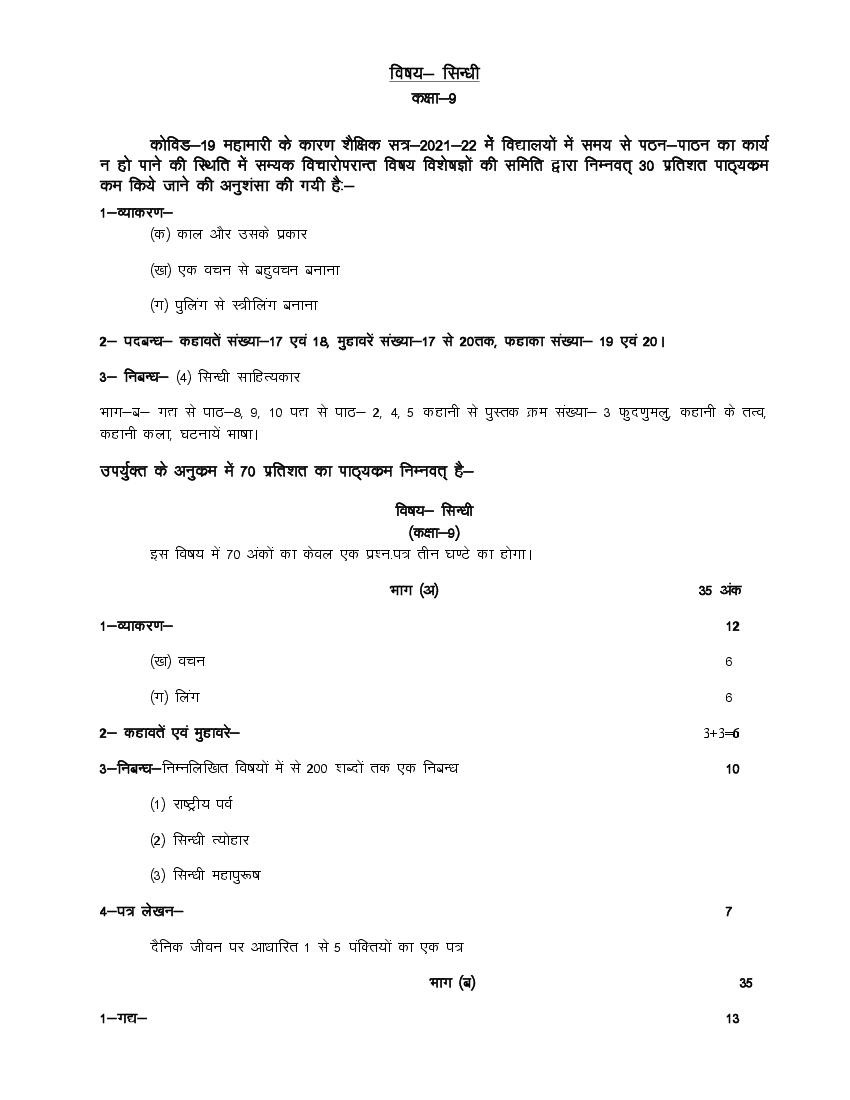 UP Board Class 9 Syllabus 2022 Sindhi - Page 1