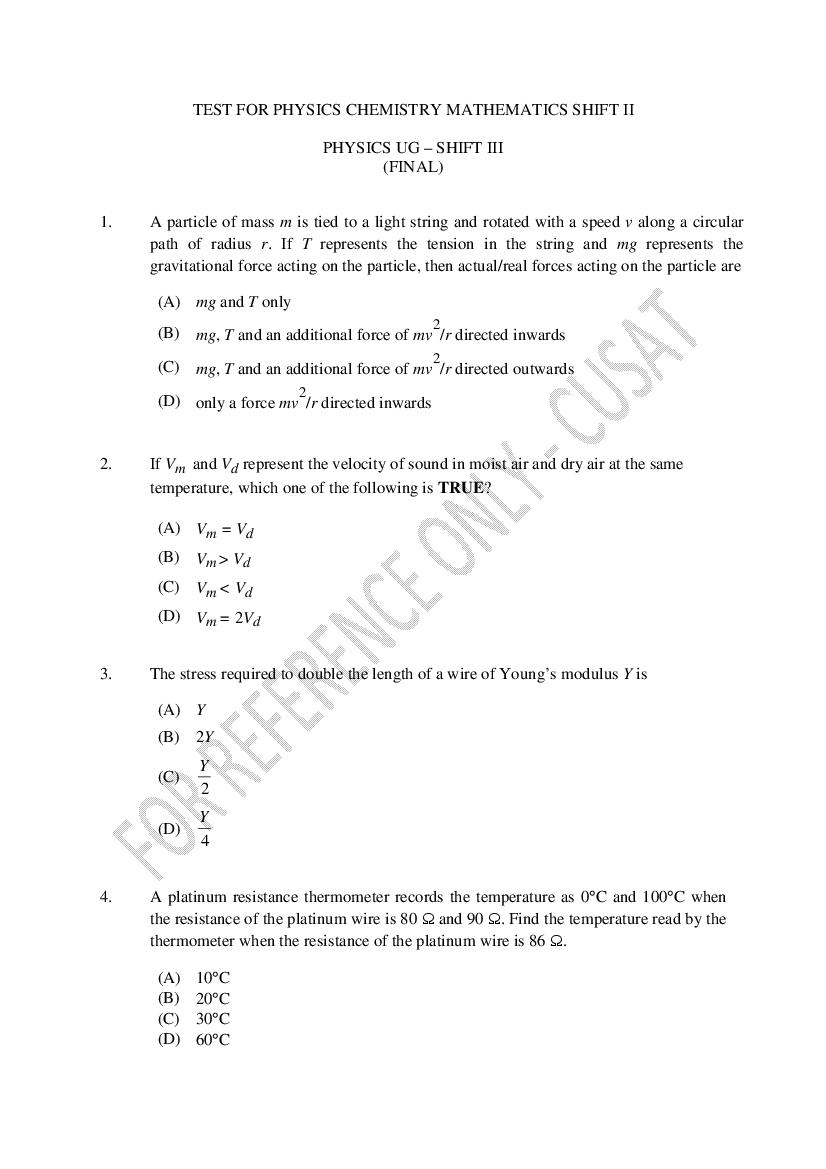 CUSAT CAT 2023 Question Paper Physics Chemistry Maths Shift III - Page 1