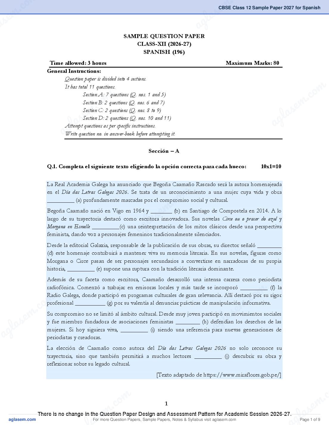 CBSE Class 12 Sample Paper 2027 for Spanish - Page 1 of 9