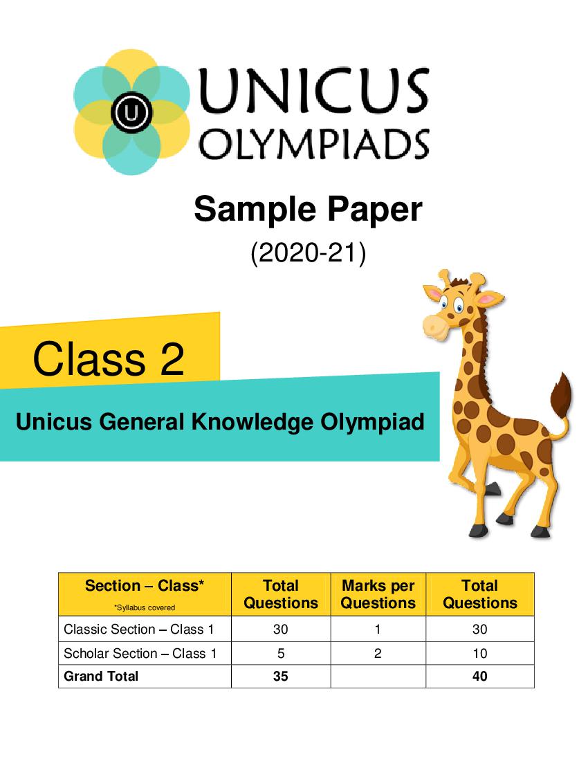 Unicus General Knowledge Olympiad (UGKO) Class 2 Sample Paper - Page 1 of 5