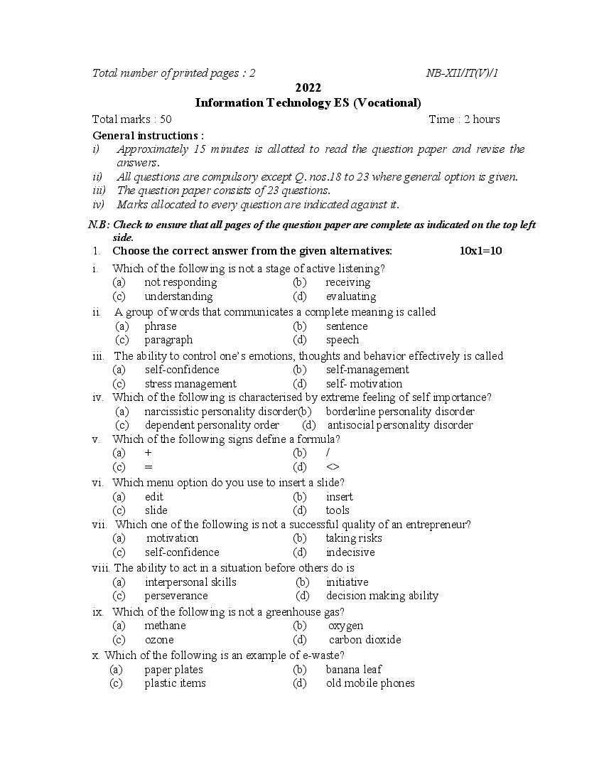 NBSE Class 12 Question Paper 2022 Information Technology Es (Vocational) - Page 1