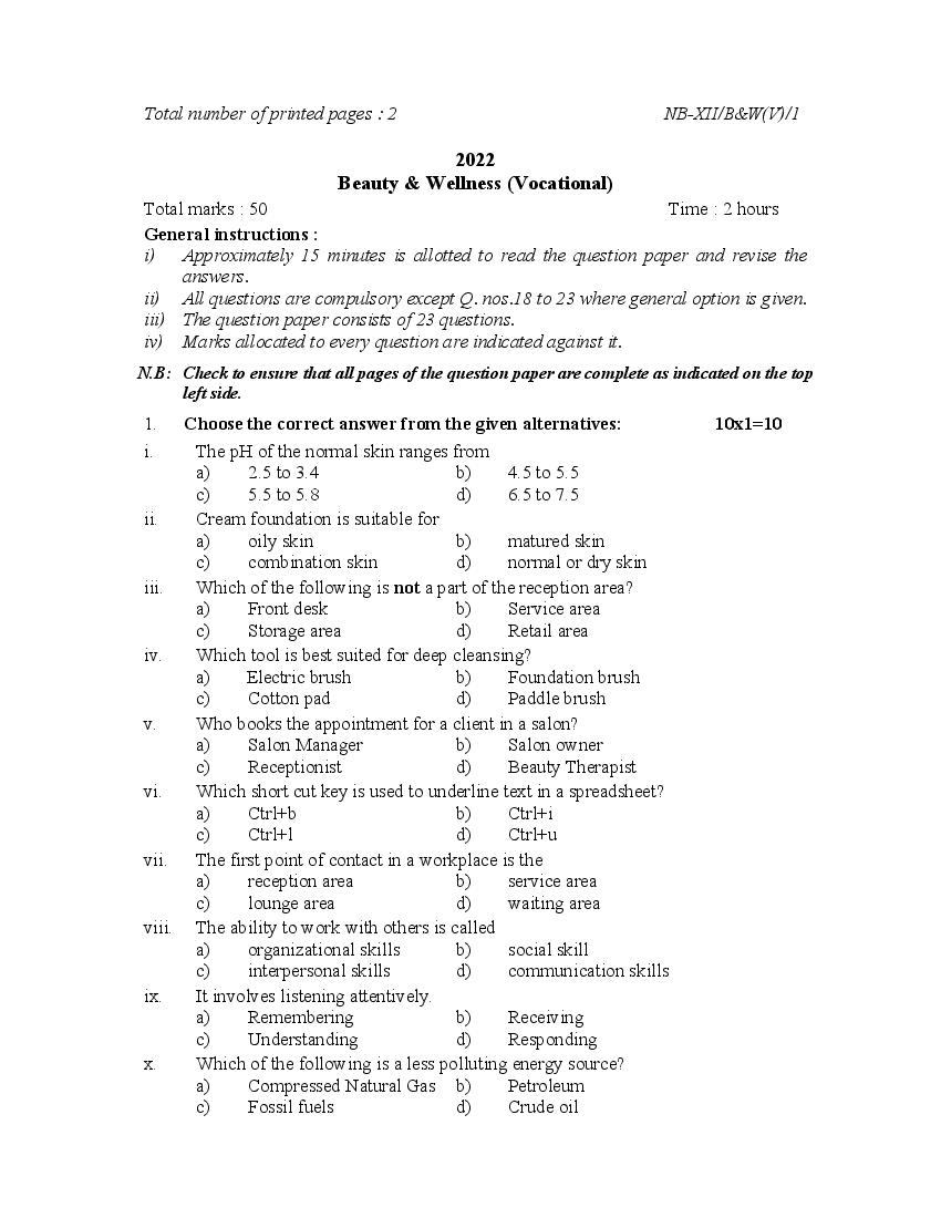 NBSE Class 12 Question Paper 2022 Beauty & Wellness (Vocational) - Page 1