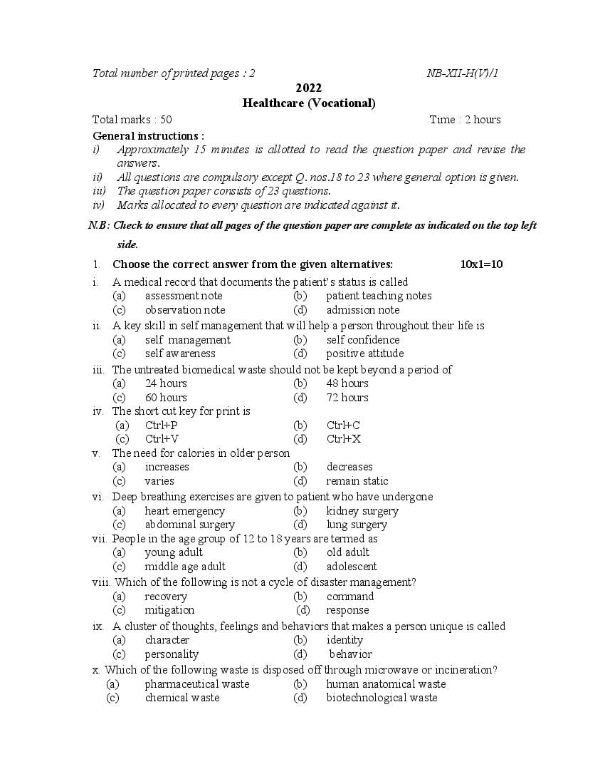 NBSE Class 12 Question Paper 2022 Healthcare (Vocational) - Page 1