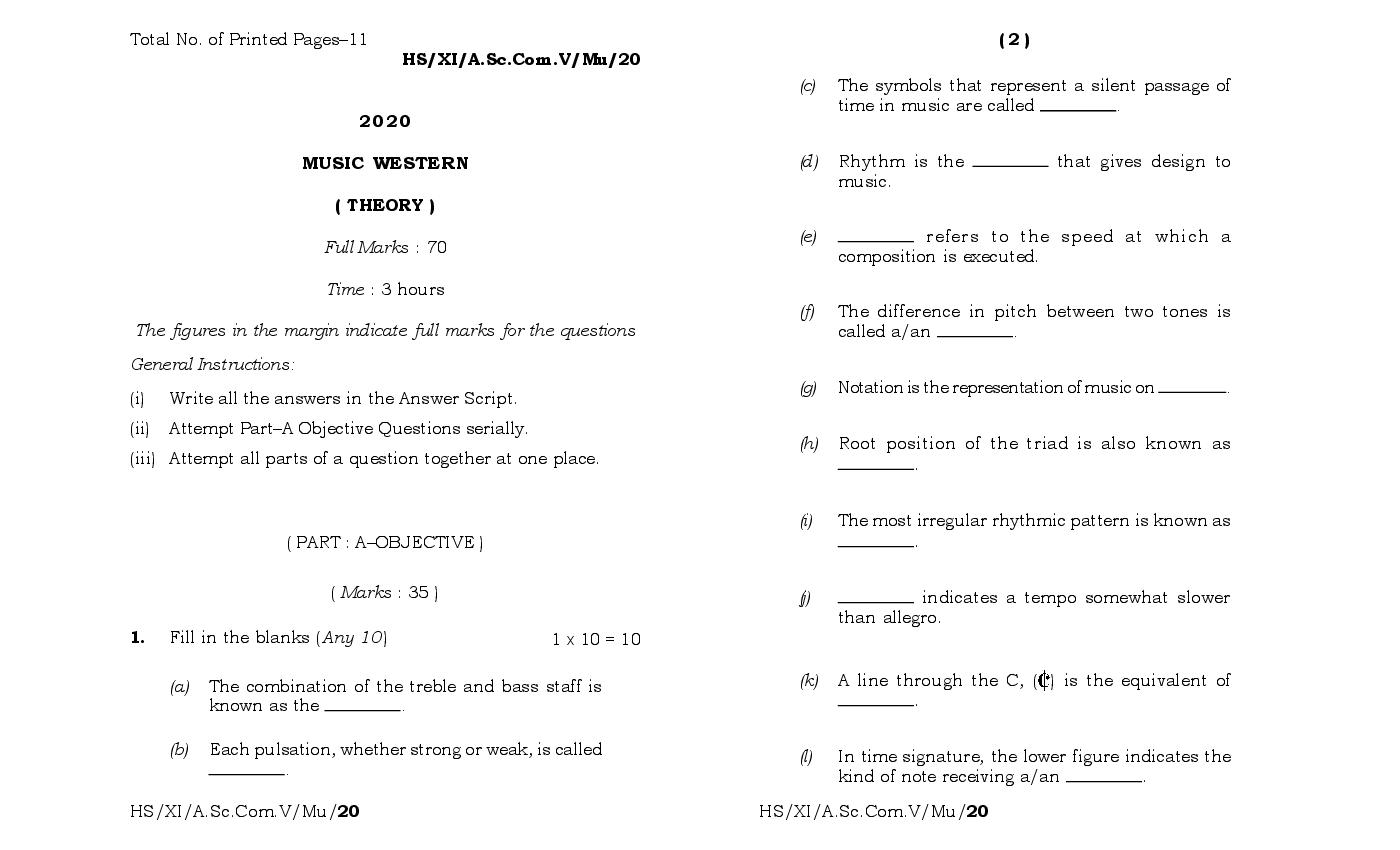 MBOSE Class 11 Question Paper 2020 for Music - Page 1