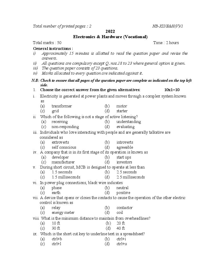 NBSE Class 12 Question Paper 2022 Electronics & Hardware (Vocational) - Page 1