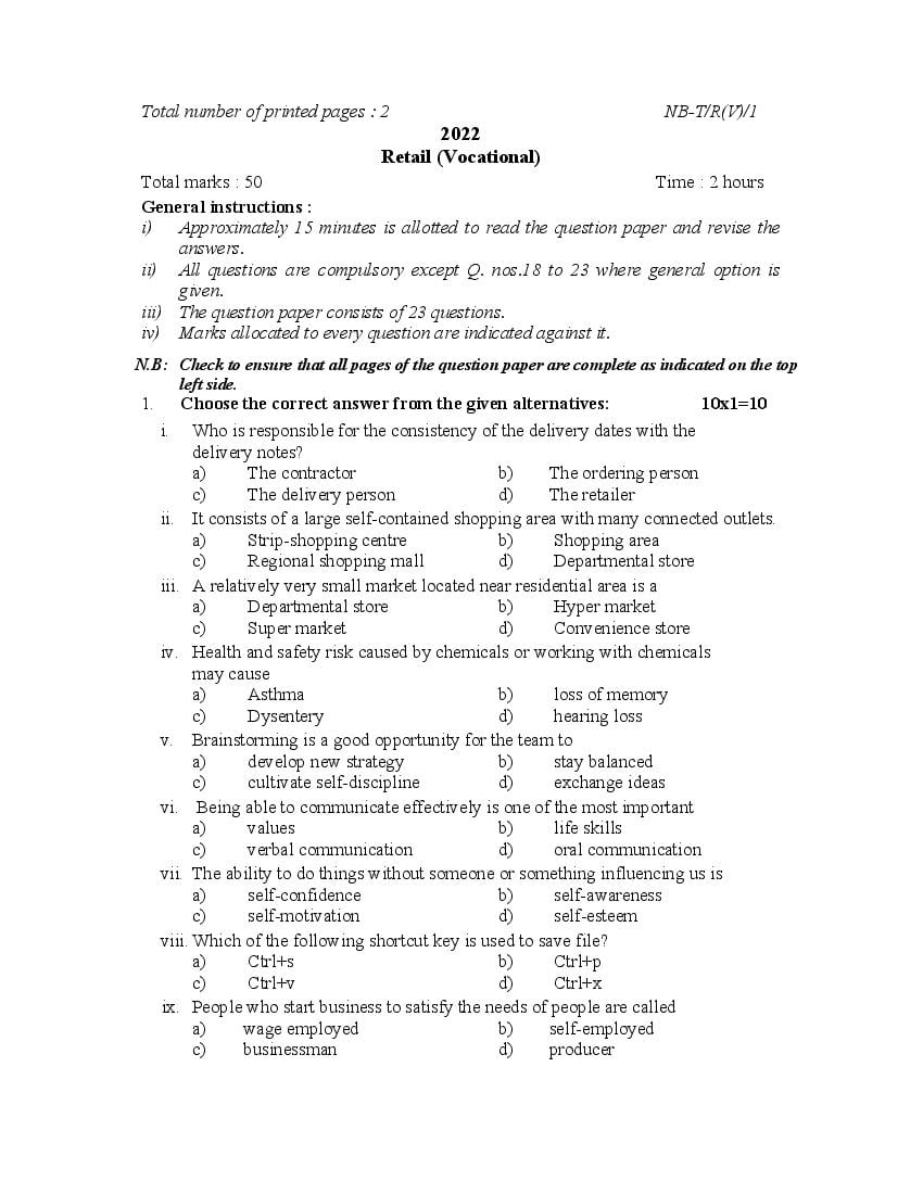 NBSE Class 10 Question Paper 2022 Retail - Page 1