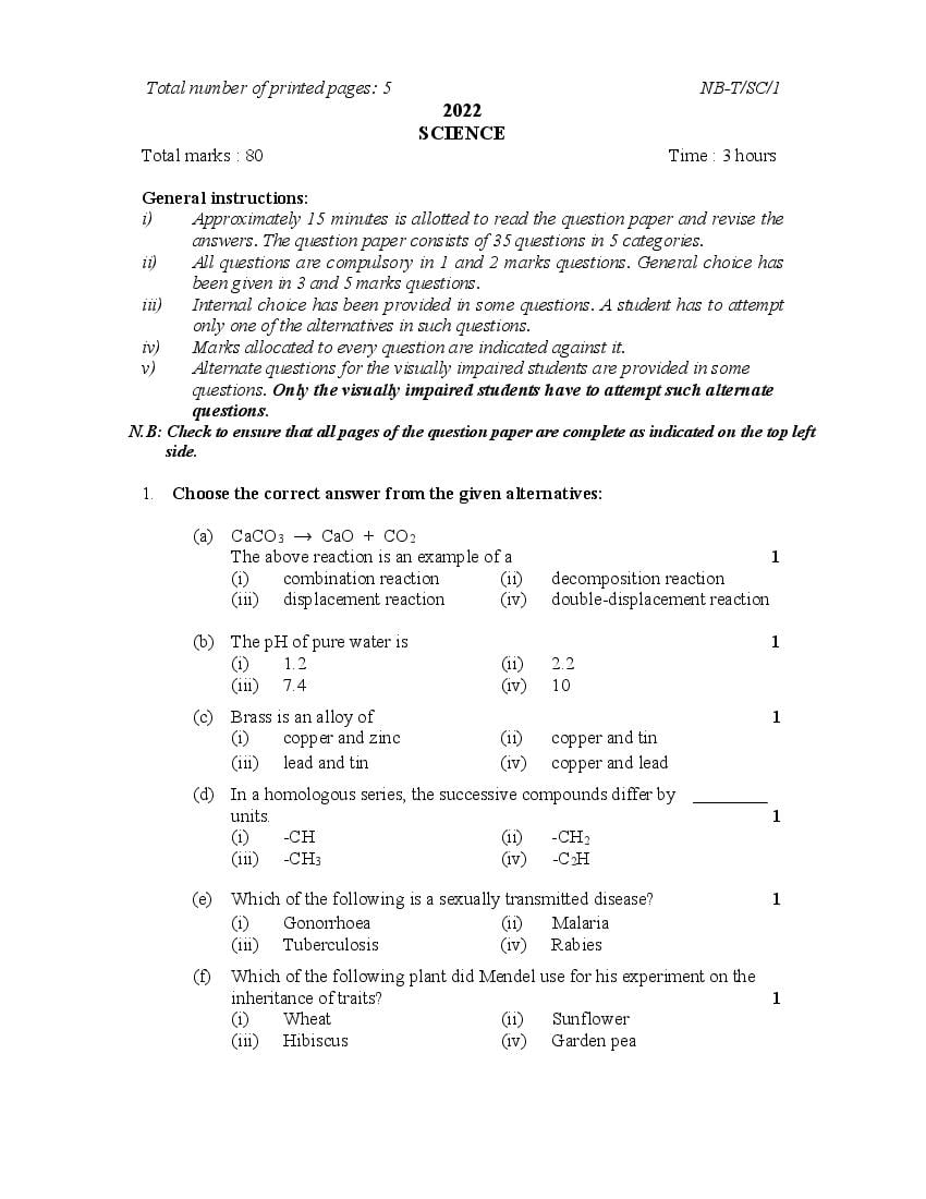 NBSE Class 10 Question Paper 2022 Science - Page 1