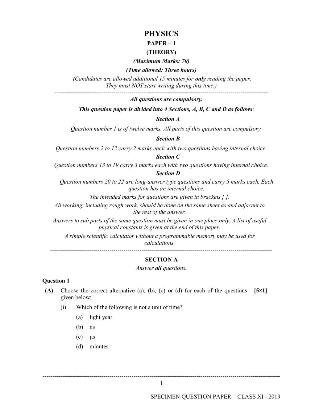 ISC Class 11 Specimen Paper 2019 for Physics - Page 1