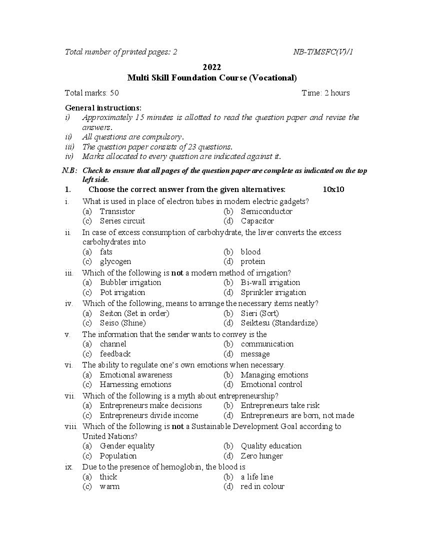 NBSE Class 10 Question Paper 2022 Multi Skill Foundation Course (Vocational) - Page 1