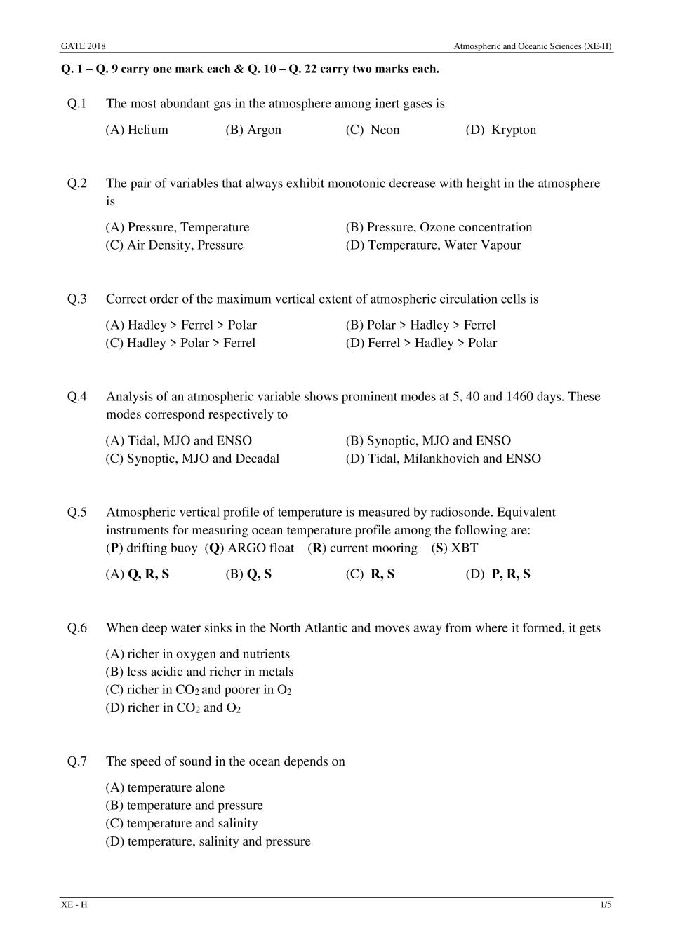 GATE 2018 Atmospheric and Oceanic Sciences (XE-H) Question Paper with Answer - Page 1