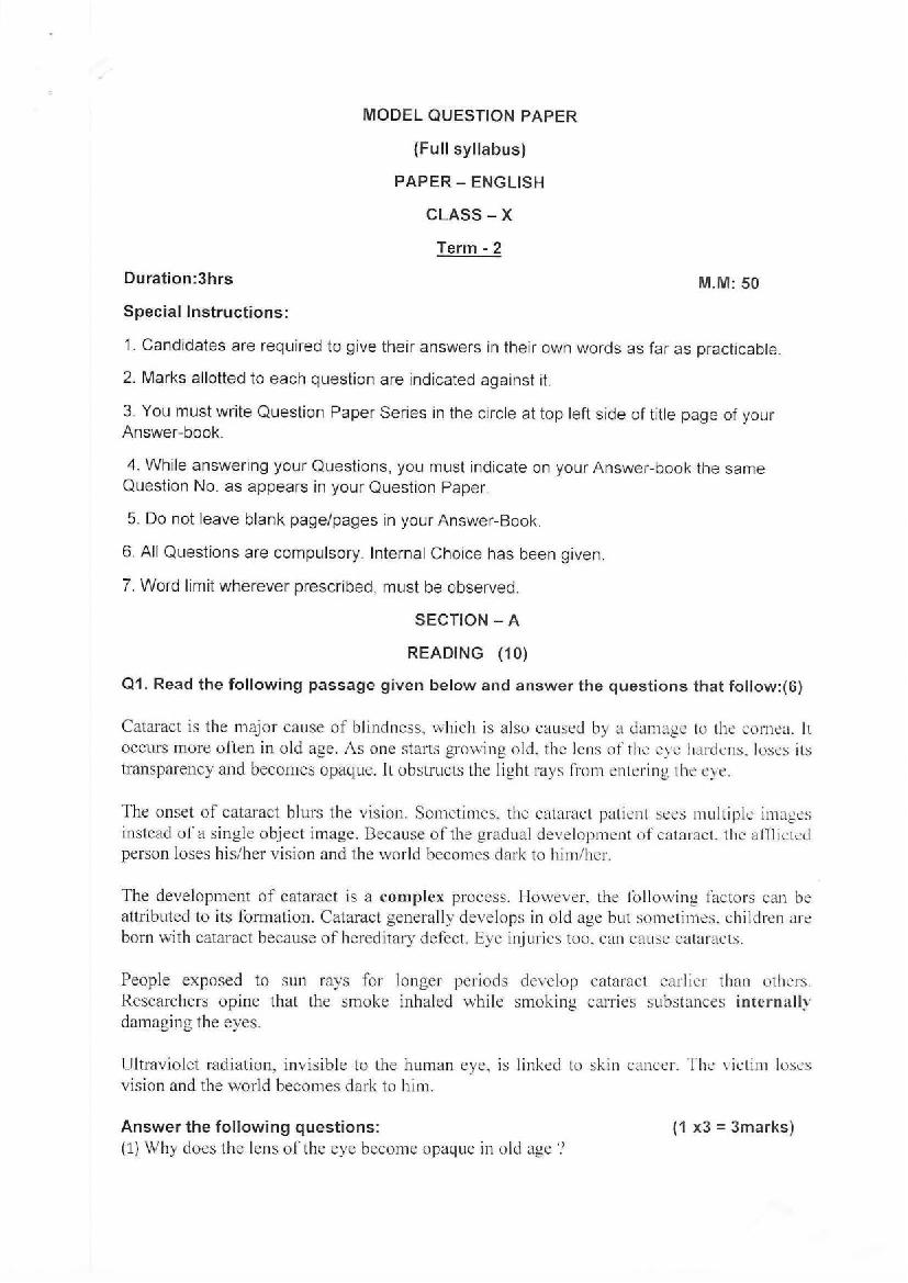 HP Board 10th Class Model Test Paper 2023 English - Page 1