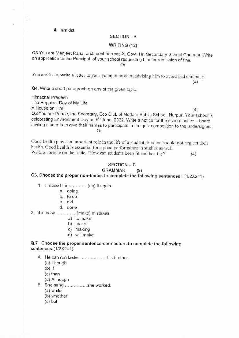 HP Board Class 10 English Model Paper 2023 (PDF) - HPBOSE 10th Sample ...