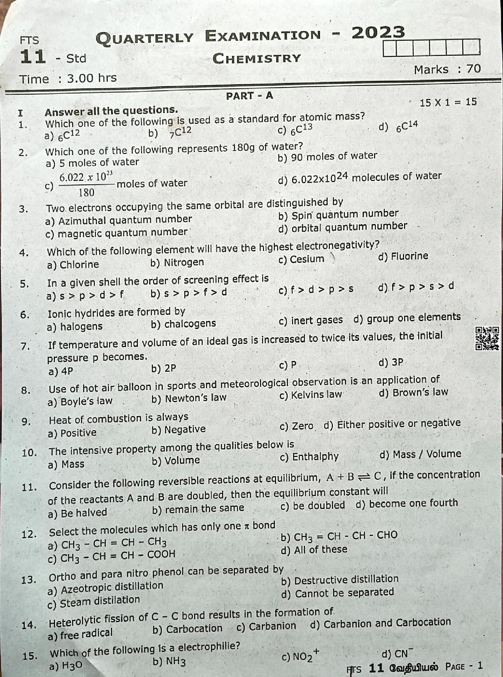 Tn Th Chemistry Quarterly Exam Question Paper Pdf First Term