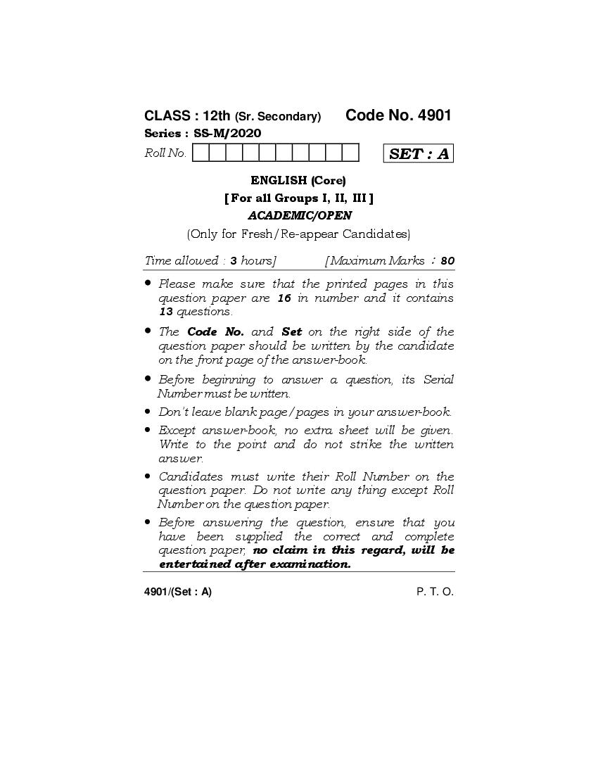 HBSE Class 12 English Core Question Paper 2020 - Page 1