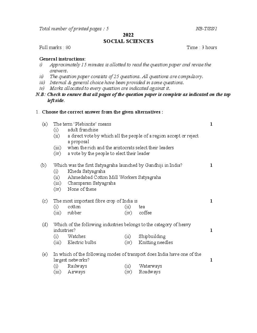 NBSE Class 10 Question Paper 2022 Social Sciences - Page 1