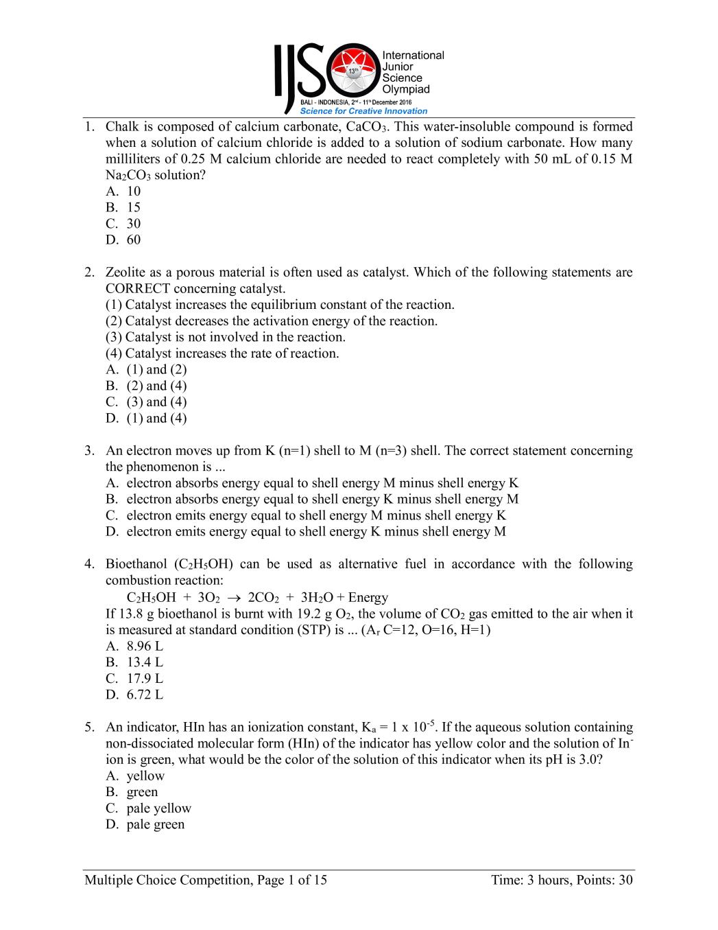 IJSO 2016 MCQ Question Paper, Answer Sheet and Solutions - Page 1