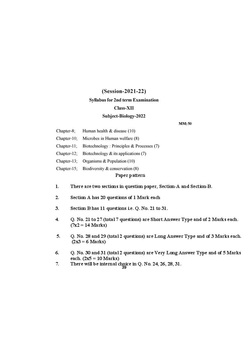 HP Board Class 12 Syllabus 2022 Biology - Page 1