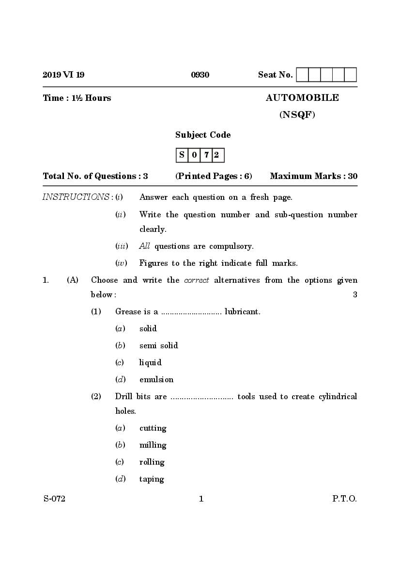 Goa Board Class 10 Question Paper June 2019 Automobile NSQF - Page 1