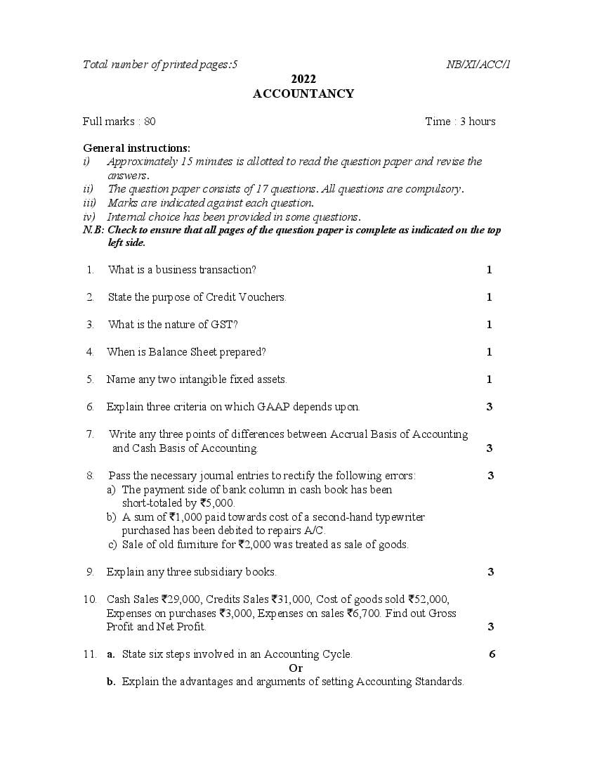 NBSE Class 11 Question Paper 2022 Accountancy - Page 1