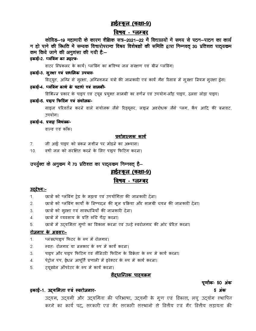 UP Board Class 9 Syllabus 2022 Trade Plumbering - Page 1