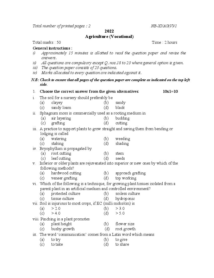 NBSE Class 11 Question Paper 2022 Agriculture - Page 1