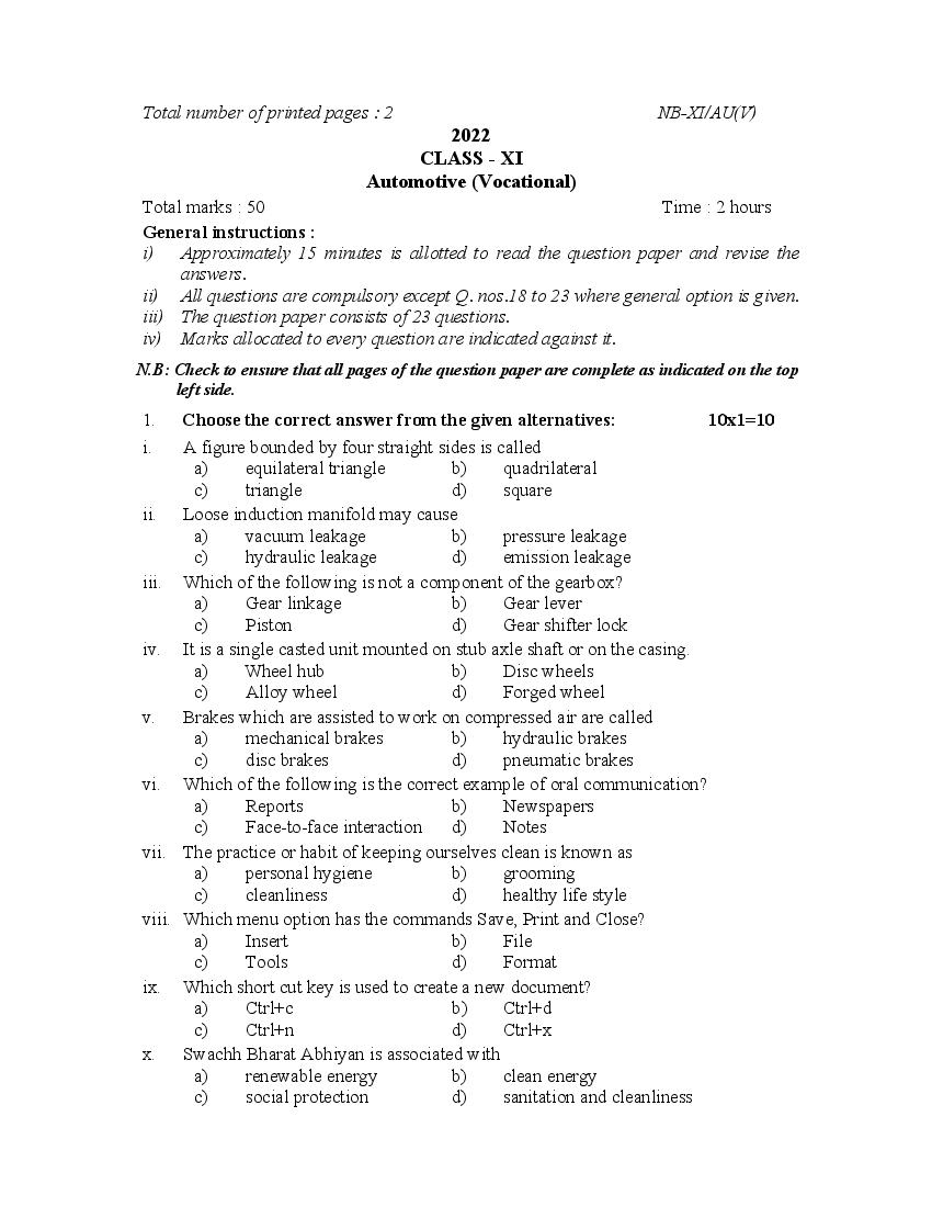 NBSE Class 11 Question Paper 2022 Automotive - Page 1