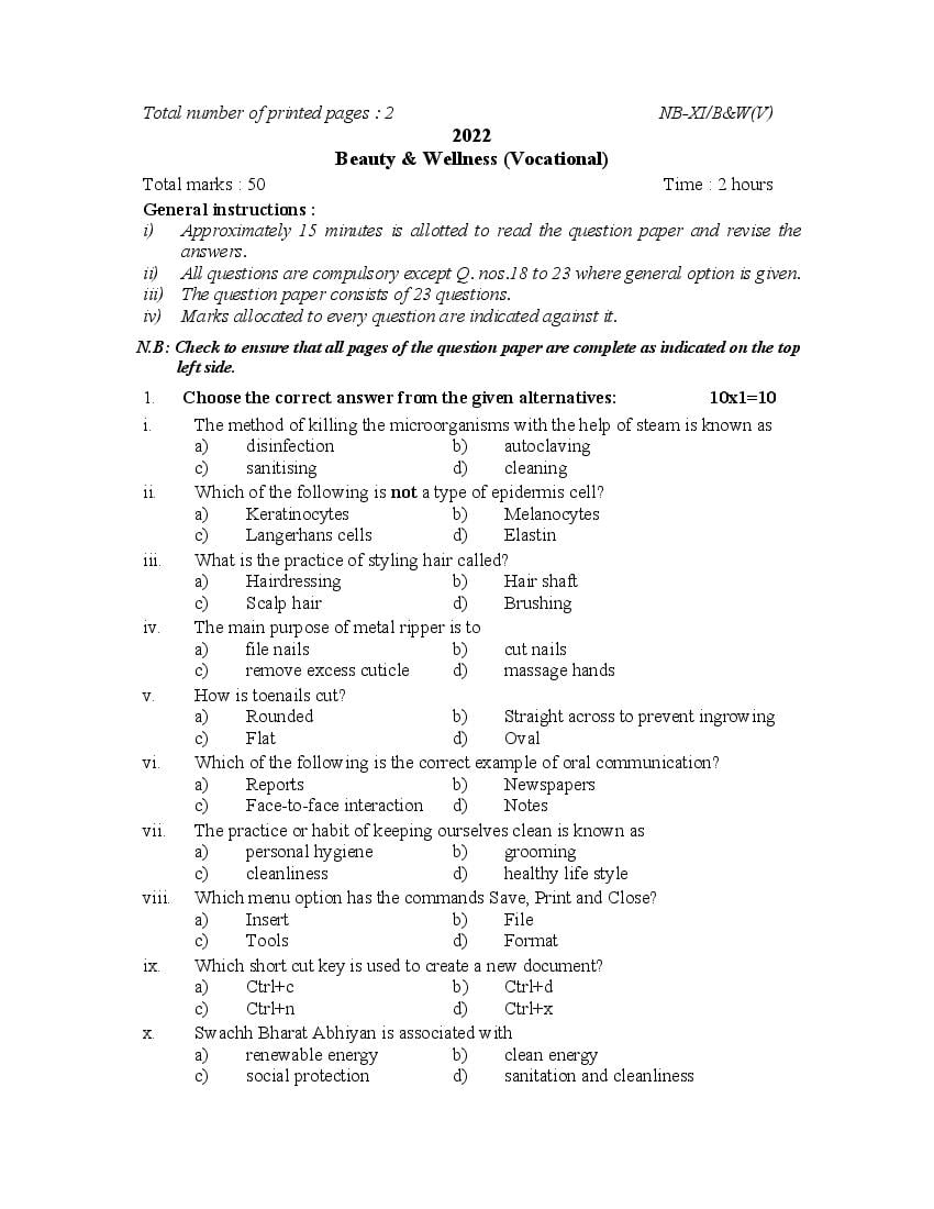 NBSE Class 11 Question Paper 2022 Beauty and Wellness - Page 1
