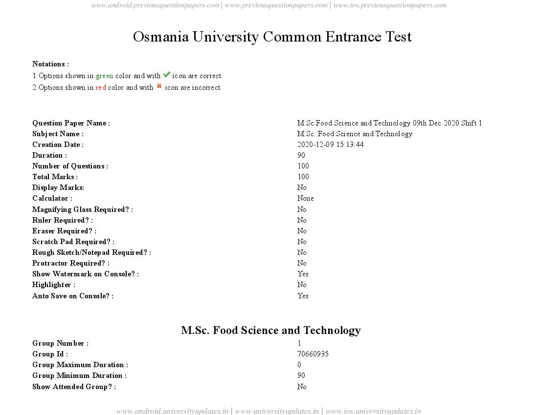 TS CPGET 2020 Question Paper M.Sc Food Science and Technology - Page 1