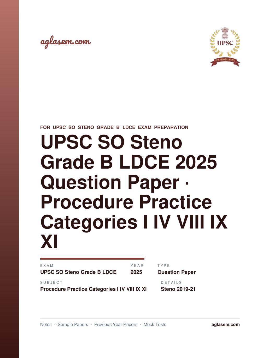 UPSC SO Steno Grade B LDCE 2025 (with Steno 2019-21) Question Paper for Procedure and Practice Categories I IV VIII IX and XI - Page 1 of 61