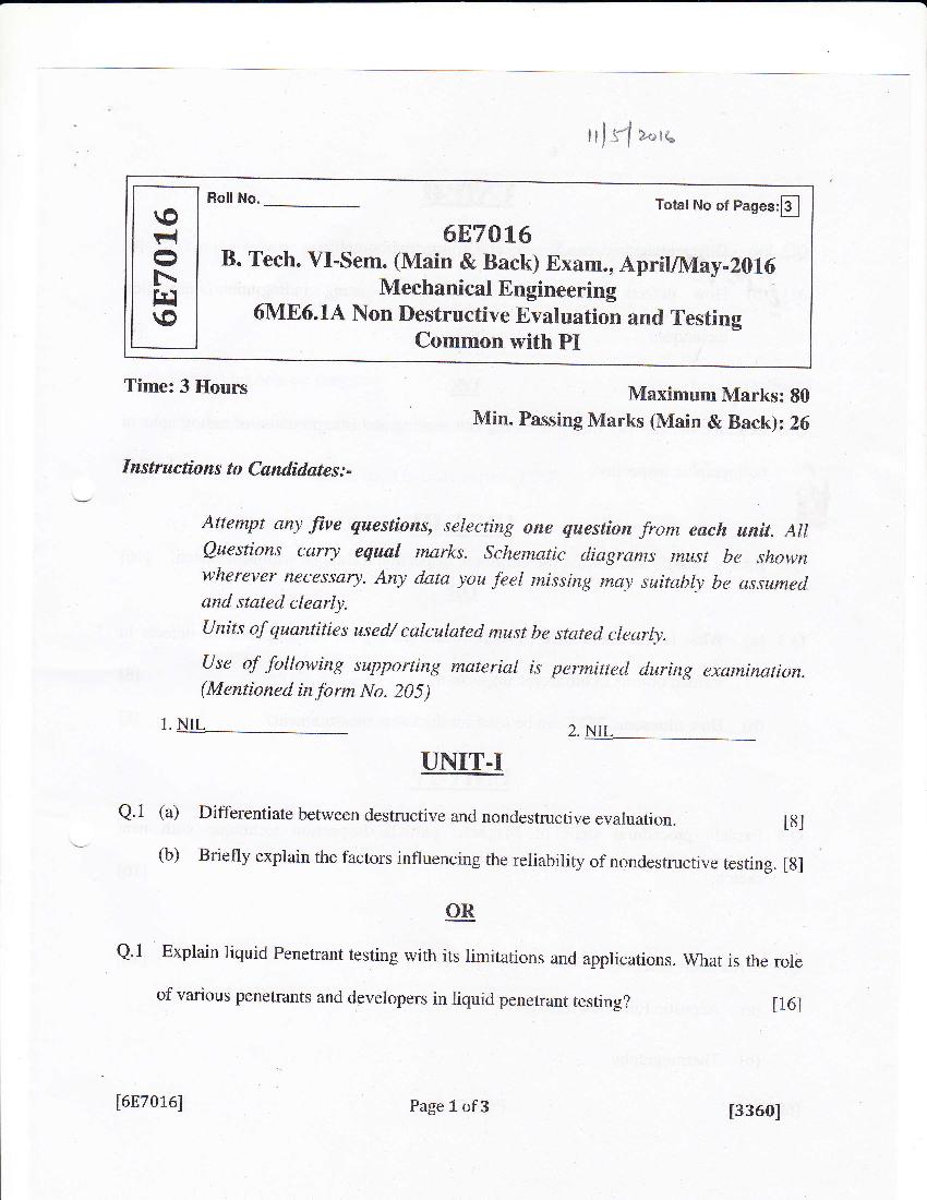 RTU 2016 Question Paper Semester VI Mechanical Engineering Non Destructive Evaluation Testing - Page 1