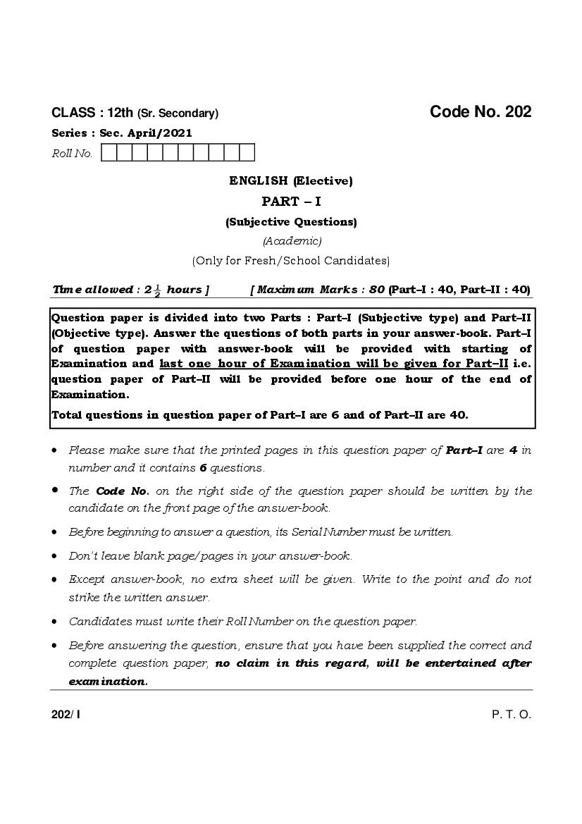 HBSE Class 12 Question Paper 2021 English Elective - Page 1
