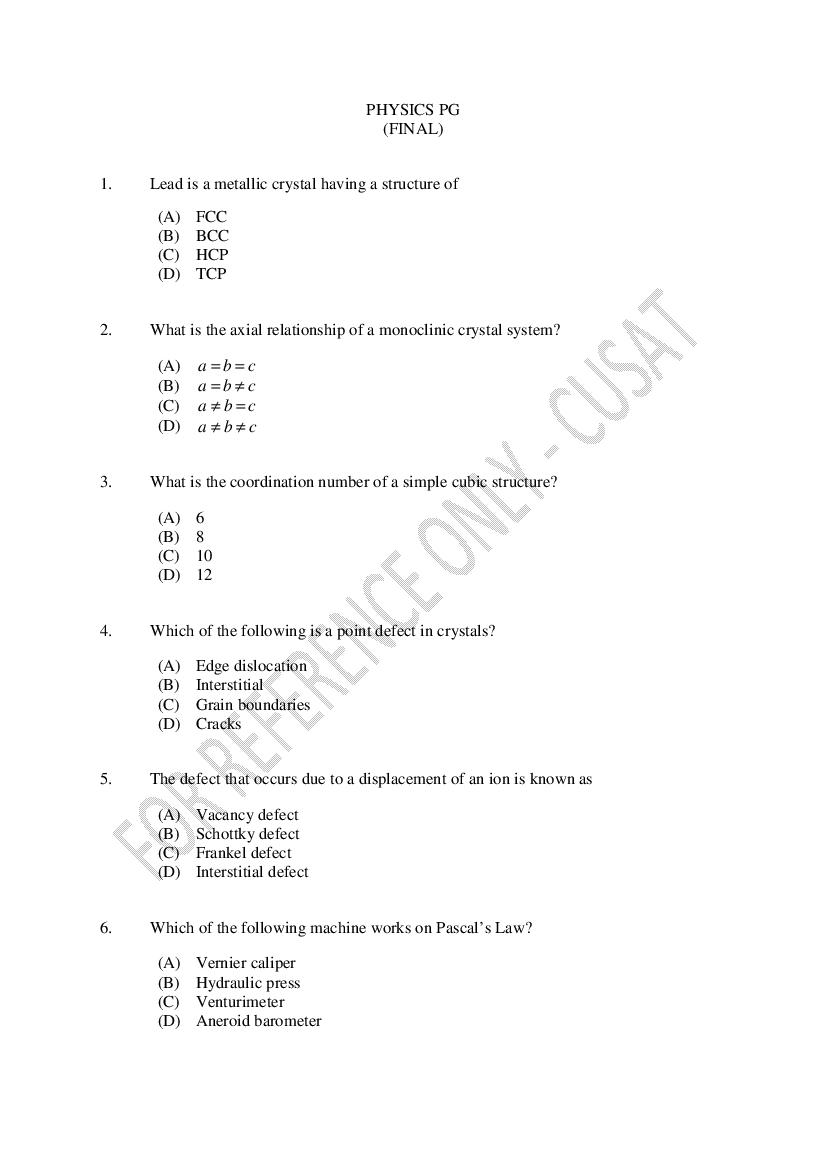 CUSAT CAT 2023 Question Paper Physics PG - Page 1
