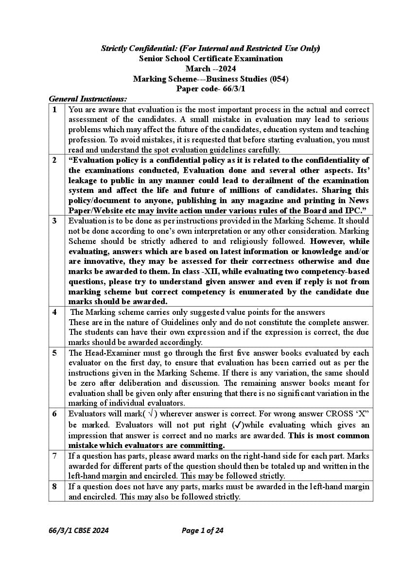 CBSE Class 12 Question Paper 2024 Solution Business Studies - Page 1