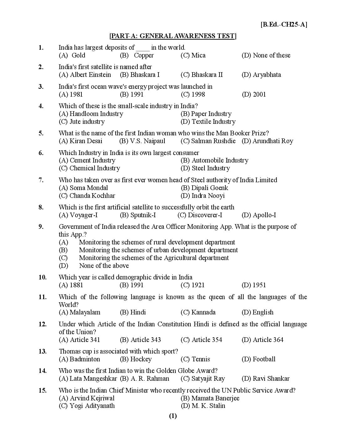 Chandigarh B.Ed 2025 Question Paper - Page 1 of 26