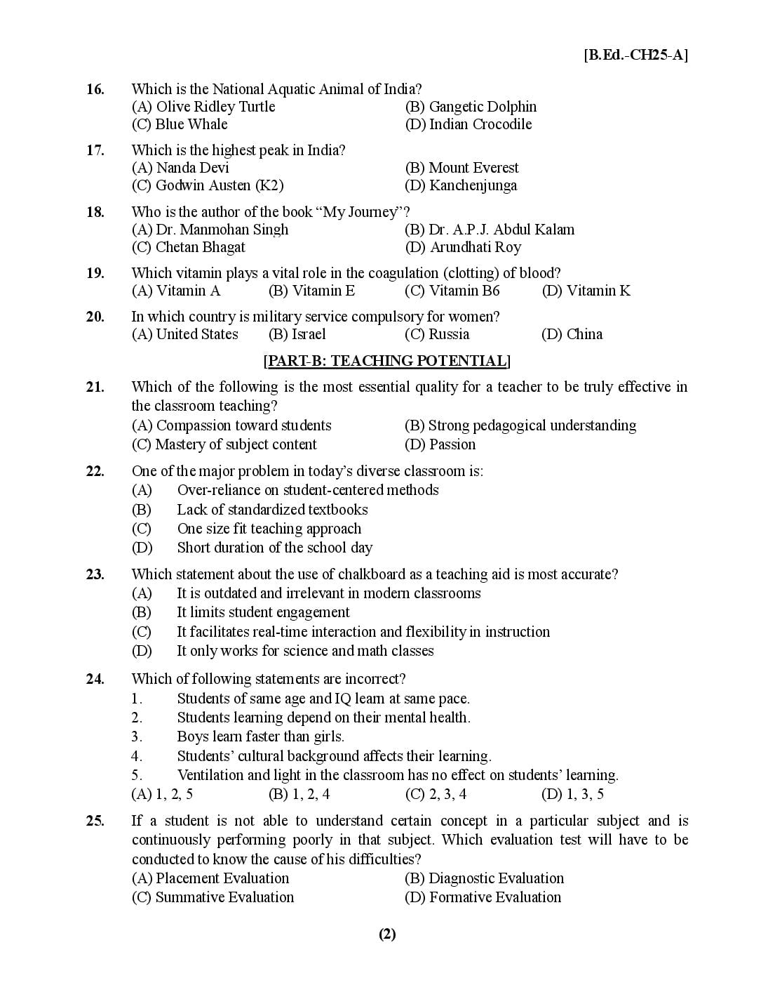 Chandigarh B.Ed 2025 Question Paper PDF with Answer Key