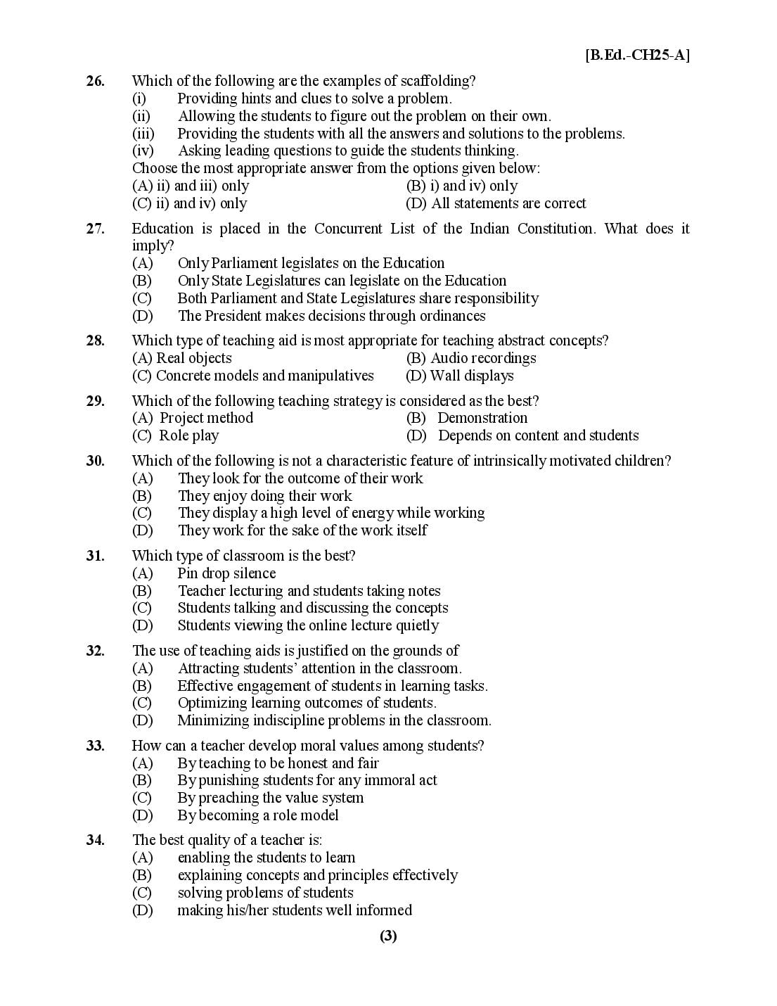 Chandigarh B.Ed 2025 Question Paper PDF with Answer Key
