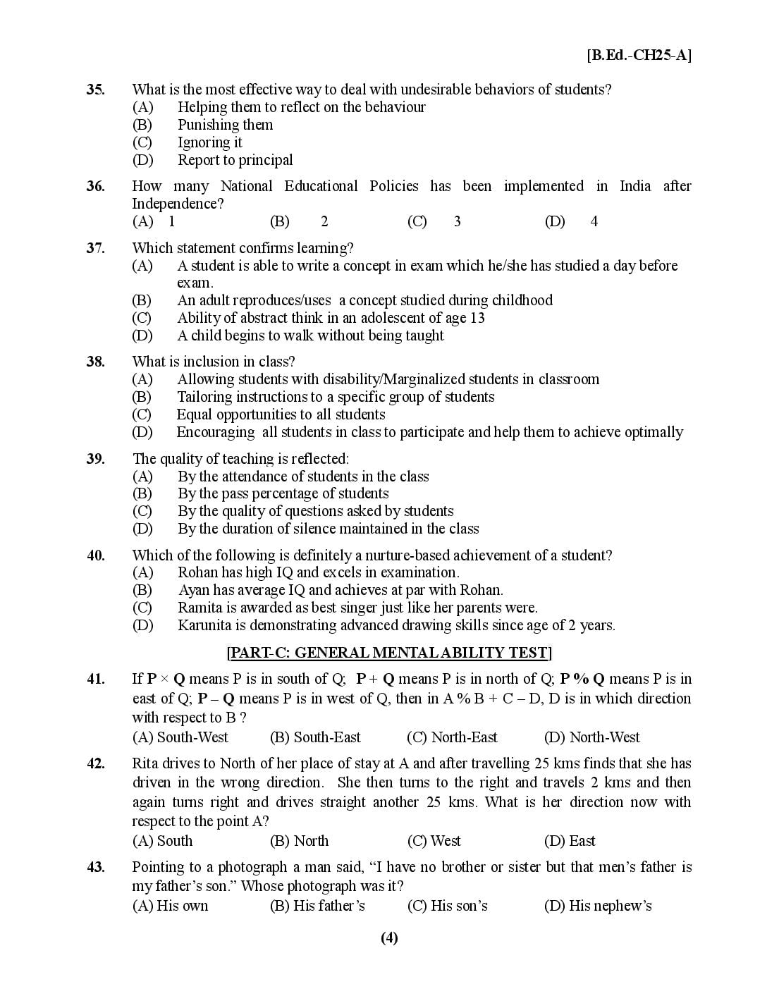 Chandigarh B.Ed 2025 Question Paper PDF with Answer Key